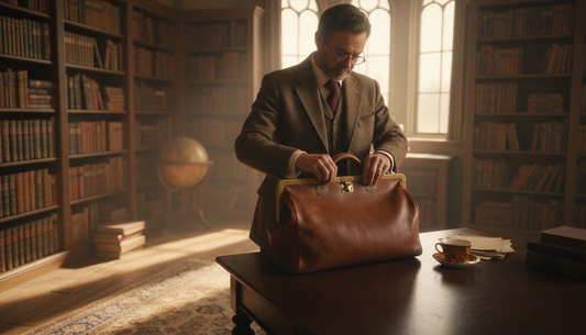 Herr stellt eine Gladstone-Tasche in einem Büro im Vintage-Stil ab