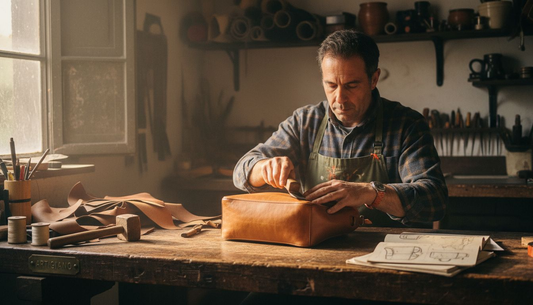 Handwerker fertigt eine Boldrini-Ledertasche von Hand
