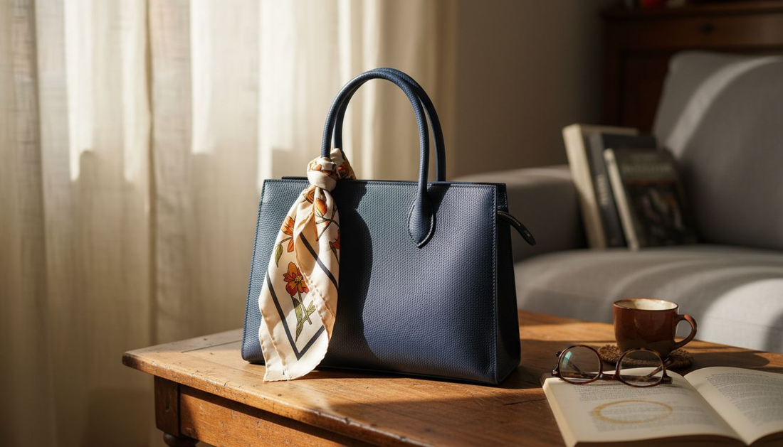 Navy leather handbag in Milan living room