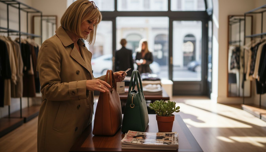 Frau vergleicht Taschen aus echtem und veganem Leder