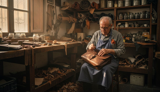 Italienischer Handwerker näht eine Ledertasche in einer Werkstatt