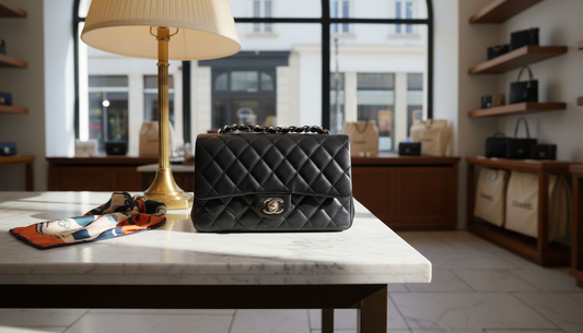 Klassische Luxushandtasche in einer Boutique ausgestellt