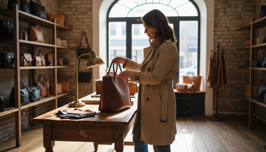 Frau betrachtet eine luxuriöse Lederhandtasche in einer Boutique