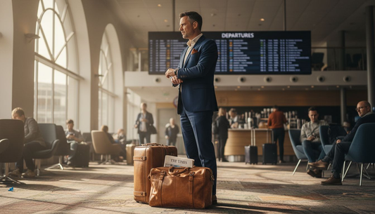 Reisende Person mit luxuriösem Ledergepäck in einer Flughafenlounge