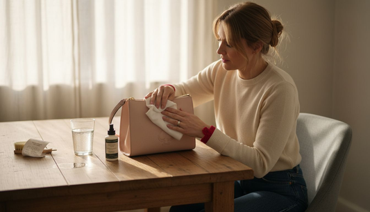 Frau reinigt eine Kate-Spade-Lederhandtasche an einem Tisch