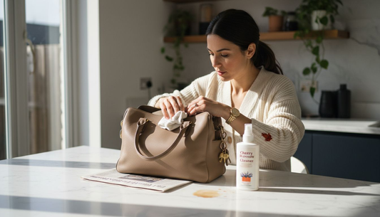 Frau reinigt behutsam eine luxuriöse Lederhandtasche