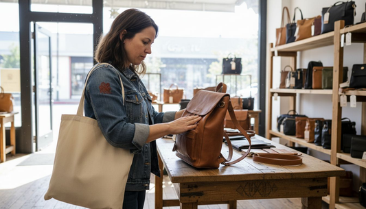 Femme examinant un sac à dos en cuir dans une boutique