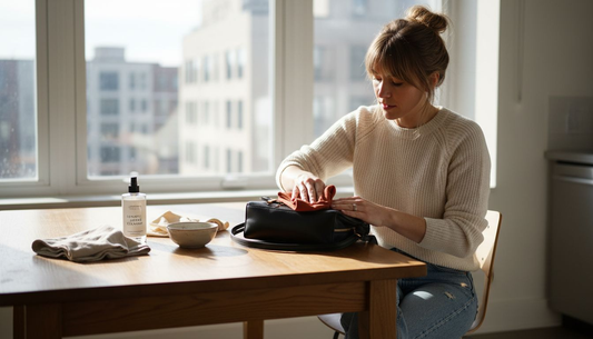 Frau reinigt eine Designerhandtasche in einer Wohnung