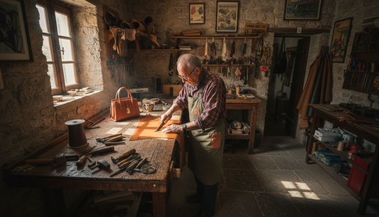 Italienischer Handwerker schneidet Leder in einer Lederwerkstatt zu