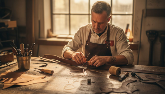 Handwerker näht Leder von Hand an einer Werkbank