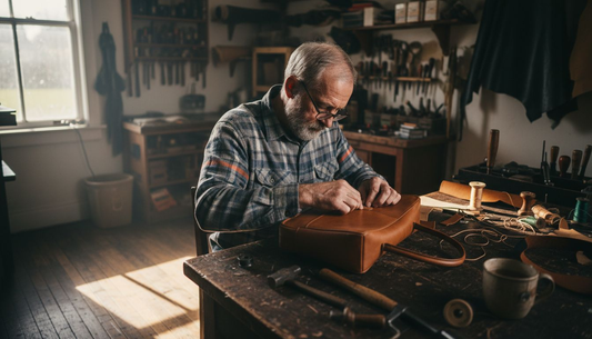 Handwerker näht eine luxuriöse Lederhandtasche von Hand