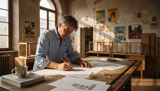Italienischer Designer zeichnet Entwürfe in einem lichtdurchfluteten Studio