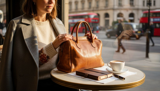 Vrouw houdt een handtas van verouderd leer vast in een café