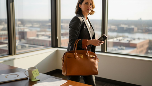 Vrouw draagt een Italiaanse designerwerktas op kantoor