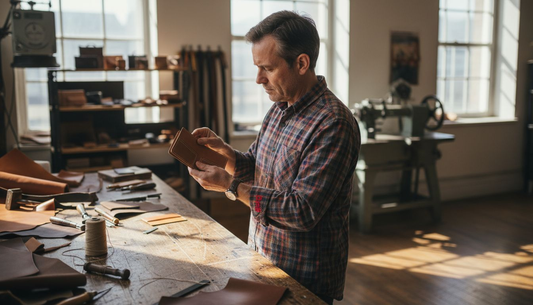 Handwerker fertigt eine Brieftasche in einer Lederwerkstatt in Florenz