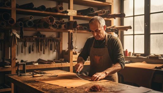 Italienischer Handwerker fertigt eine Handtasche aus echtem Leder