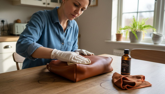 Fachperson reinigt zu Hause eine luxuriöse Lederhandtasche
