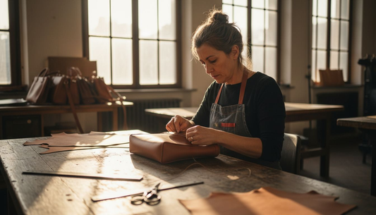 Artigiano cuce a mano una borsa in pelle in uno studio illuminato dal sole