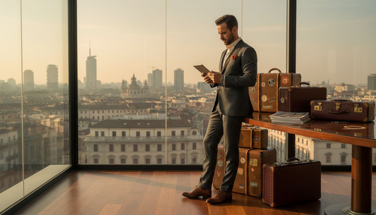 Uomo con bagagli in pelle in un ufficio di Milano