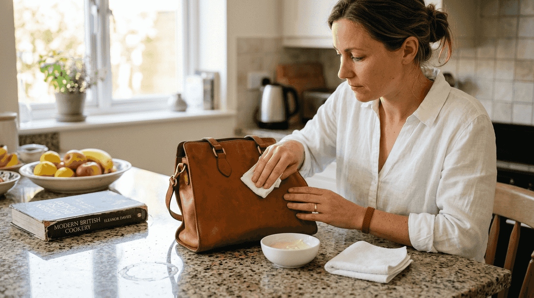 Donna pulisce con cura una borsa italiana in pelle
