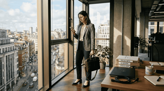 Professional woman with leather bag in corner office