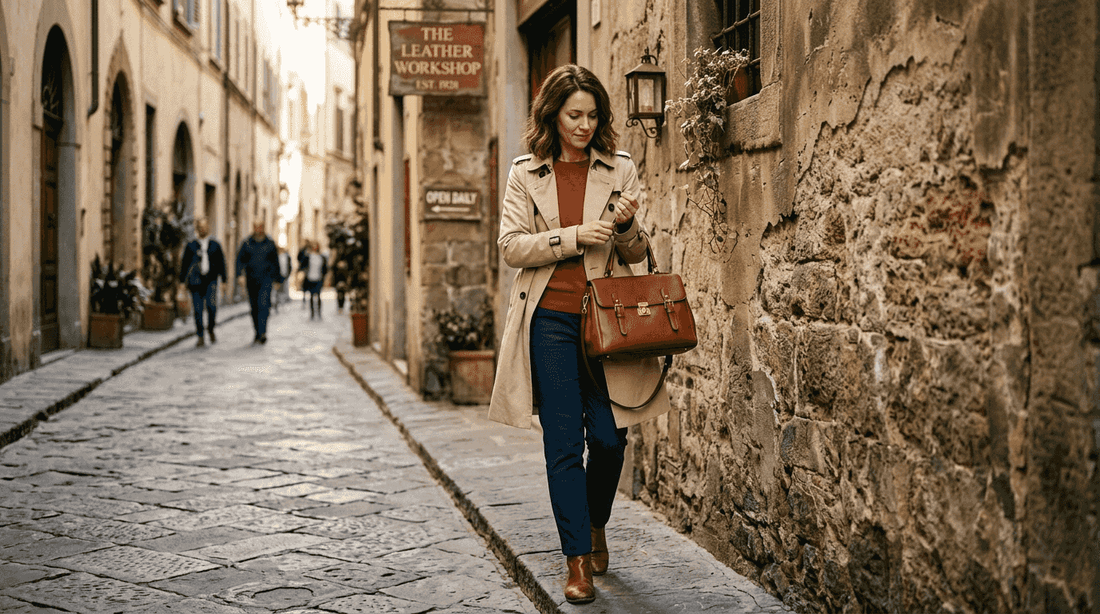 Frau mit italienischer Lederhandtasche auf einer Strasse in Florenz