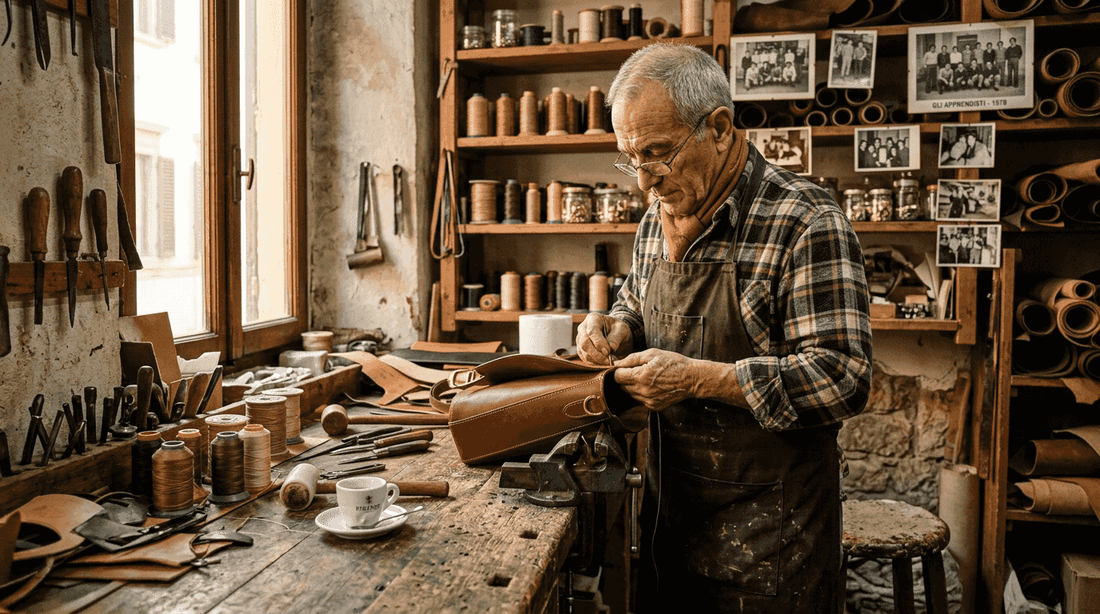 Artesano italiano cosiendo un bolso de diseño en un taller