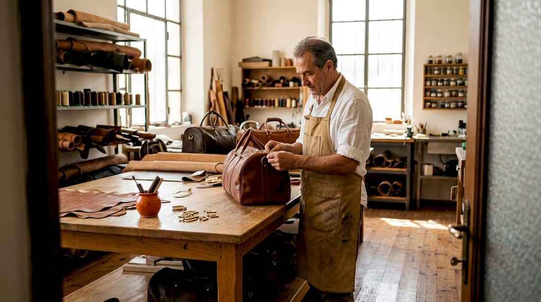 Artisan italien examinant un sac de voyage de luxe en cuir
