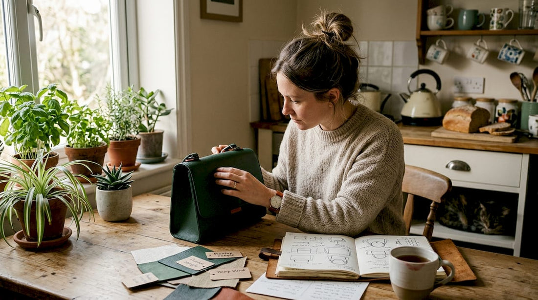 Designer inspecting vegan leather handbag at kitchen table