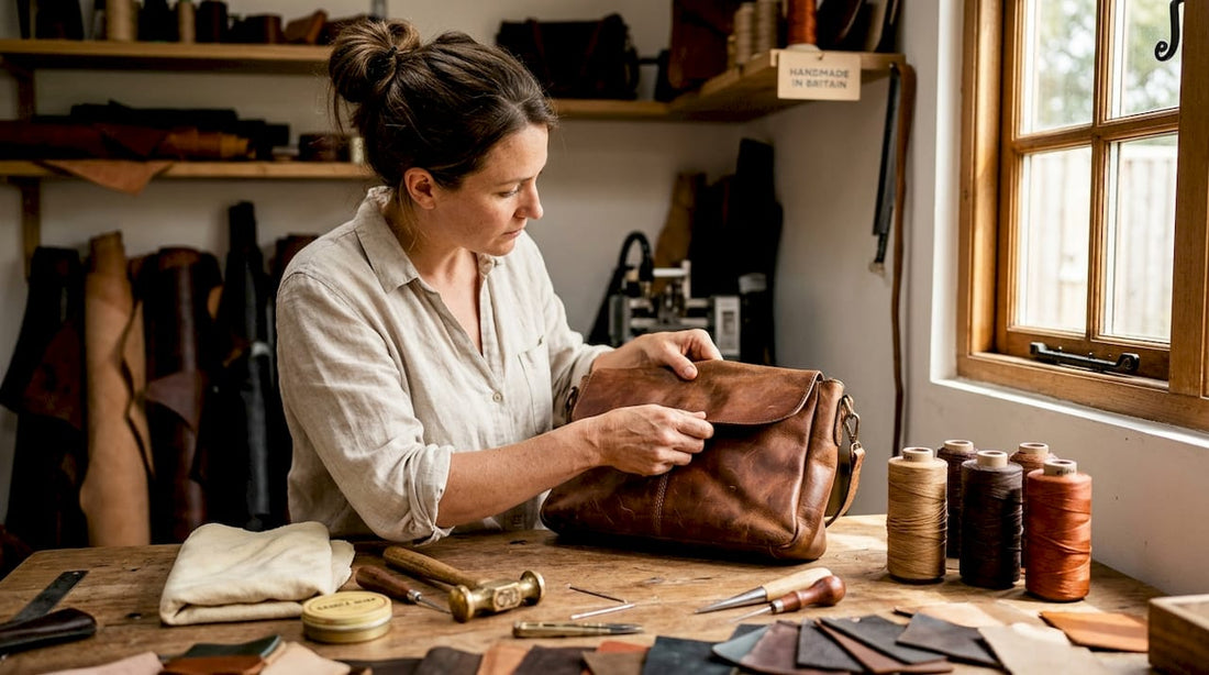 Handwerker prüft eine gealterte Lederhandtasche mit Patina
