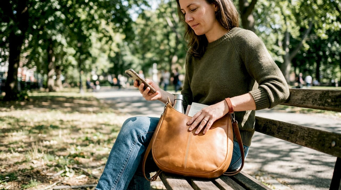 Mujer con un bolso mochila hobo artesanal en un parque