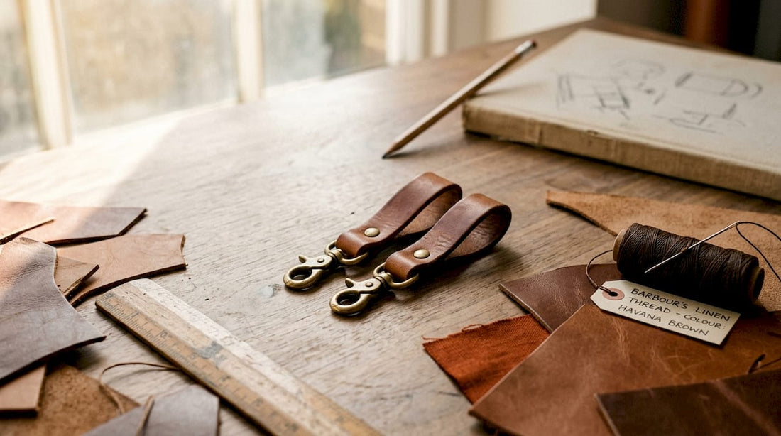 Italian leather key rings on artisan desk