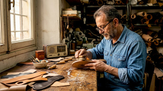 Italian craftsman inspecting leather flip flop