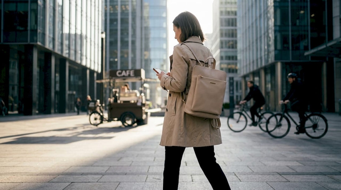Woman carrying Italian convertible handbag backpack