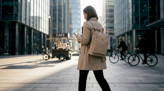 Mujer llevando un bolso italiano convertible en mochila
