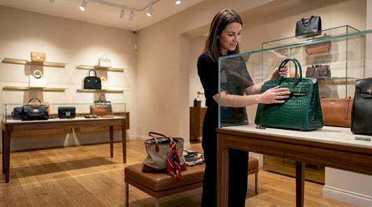 Mujer manipulando un bolso de lujo en una boutique