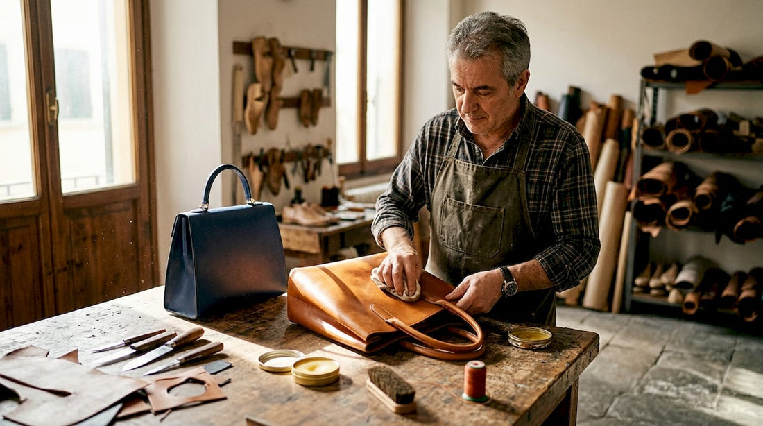 Malas italianas e francesas em pele sobre a bancada de um artesão