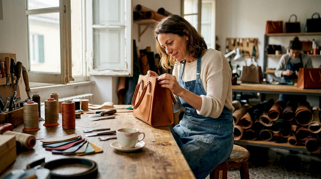Ambachtsman inspecteert een luxe handtas in een atelier