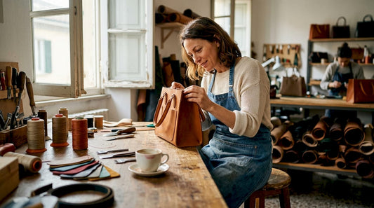 Handwerker prüft eine Luxushandtasche im Atelier
