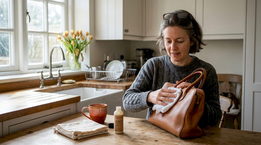 Woman gently cleaning her luxury leather handbag