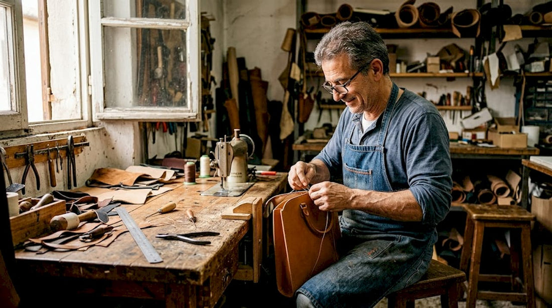Italienischer Handwerker näht eine Luxushandtasche