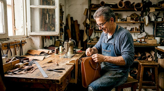 Italienischer Handwerker näht eine Luxushandtasche