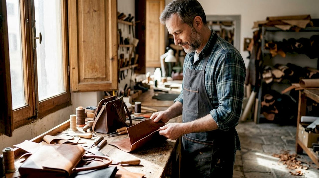 Handwerker prüft Leder in einer italienischen Werkstatt