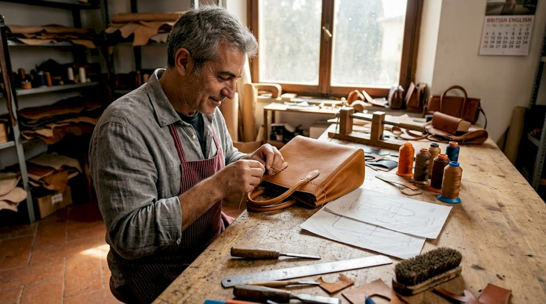 Italian artisan stitching leather bag by window