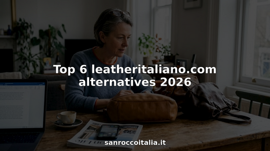 Frau vergleicht italienische Lederhandtaschen an einem Tisch