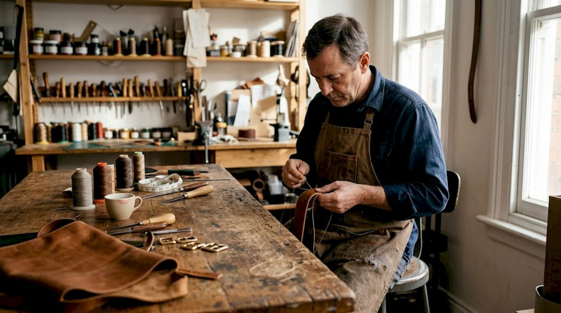 Artesano cosiendo a mano un bolso de lujo de piel