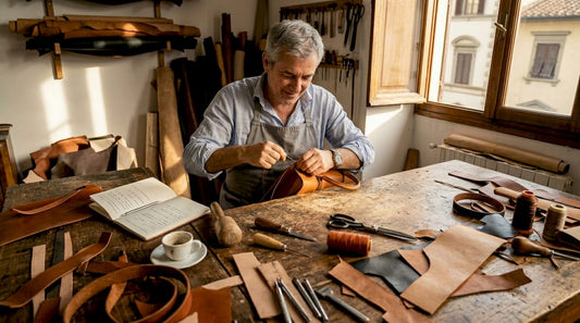 Italienischer Handwerker näht eine luxuriöse Ledertasche von Hand