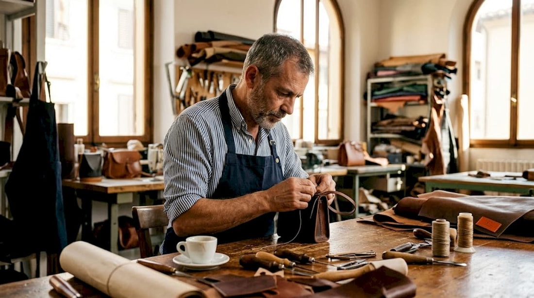 Artesão italiano a fabricar uma mala em pele num atelier
