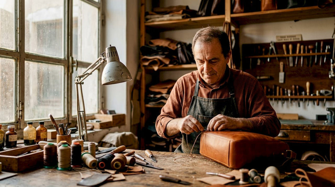 Italienischer Handwerker näht eine Ledertasche von Hand