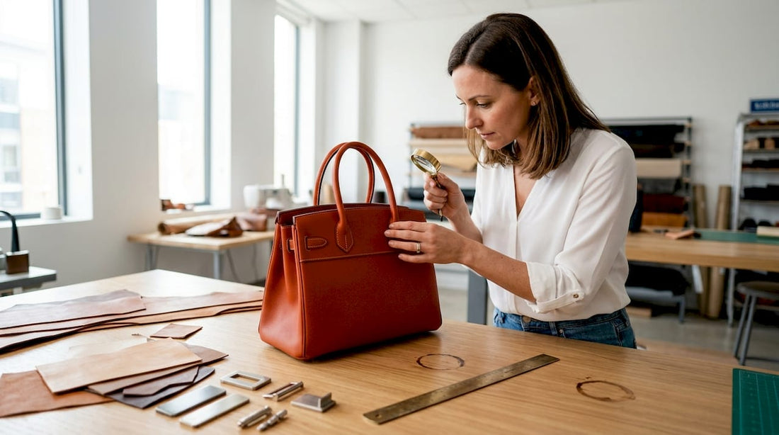 Leather artisan inspecting luxury handbag quality